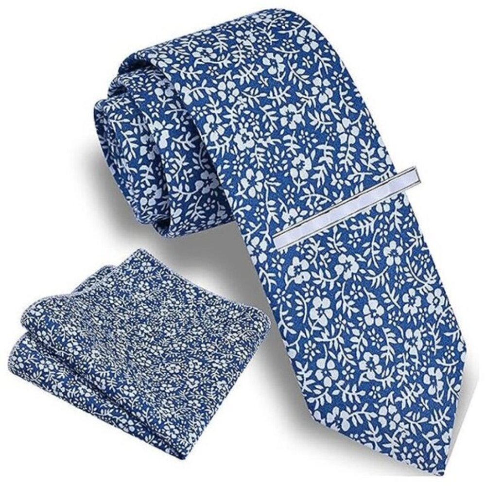 Floral Printed Necktie Tie Clip Pocket Square Sets Blue